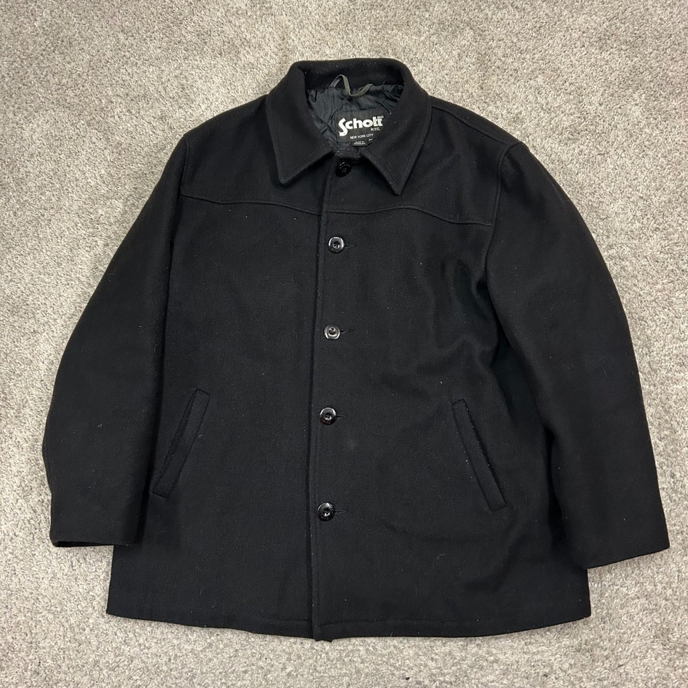 Schott NYC Wool Car Coat XL Black Button Up Quilted Lined Made in Canada